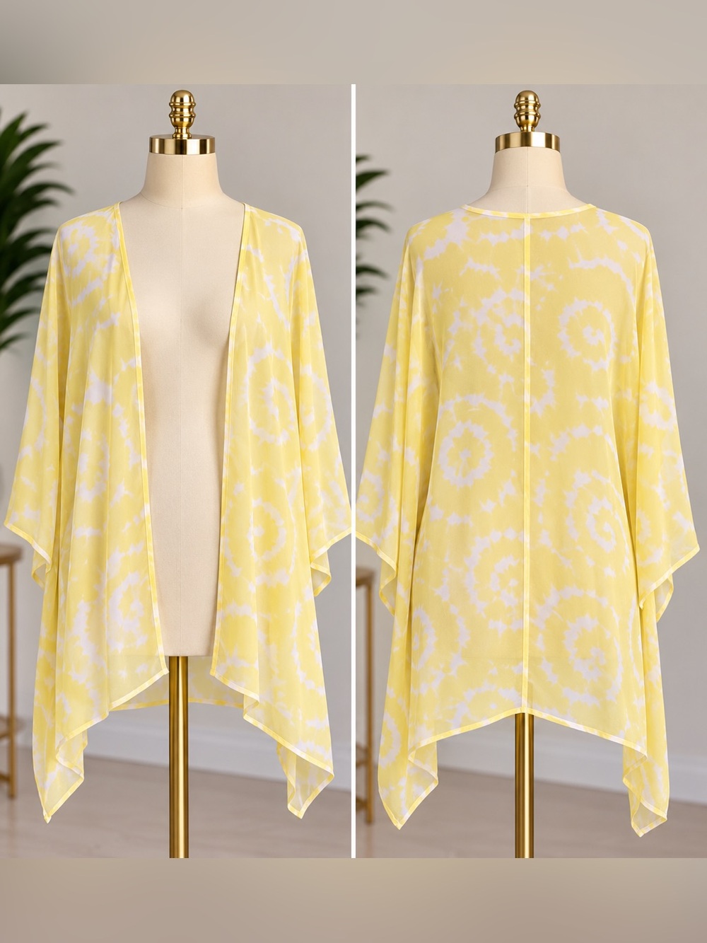 Colleen Lopez Women’s L Yellow White Abstract Print Kimono Cardigan